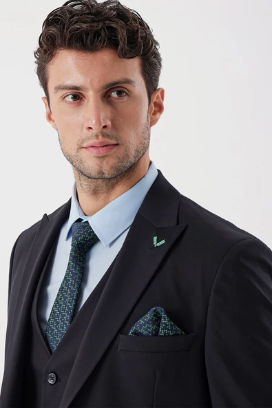 Koyu Lacivert Armürlü Kırlangıç Yaka Yelekli Likralı 6 Drop Slim Fit Takım Elbise 1001235154 - 6