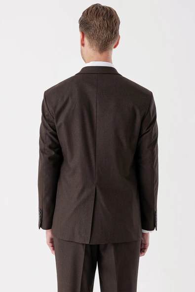 Kahverengi Desenli Armürlü Mono Yaka 4 Drop Comfort Fit Rahat Kesim Klasik Takım Elbise 1001235150 - 4