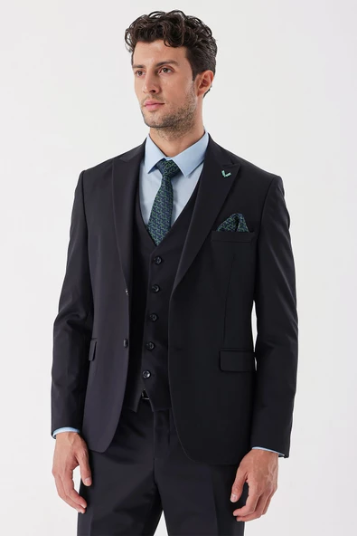 Koyu Lacivert Armürlü Kırlangıç Yaka Yelekli Likralı 6 Drop Slim Fit Takım Elbise 1001235154 - 2