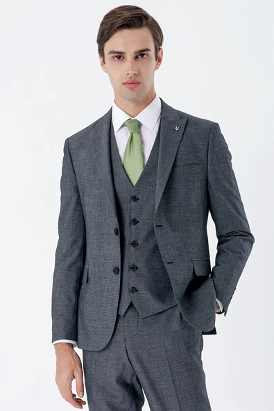 Koyu Lacivert Kırlangıç Yaka Yelekli 6 Drop Slim Fit Klasik Takım Elbise 1001235159 - 8
