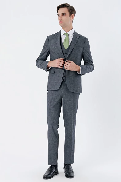 Koyu Lacivert Kırlangıç Yaka Yelekli 6 Drop Slim Fit Klasik Takım Elbise 1001235159 - 6