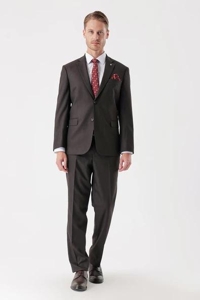 Koyu Kahverengi Armürlü Mono Yaka 4 Drop Comfort Fit Rahat Kesim Klasik Takım Elbise 1001235150 - 2