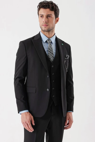 Siyah Desenli Armürlü Kırlangıç Yaka Yelekli Likralı 6 Drop Slim Fit Takım Elbise 1001235154 - 3