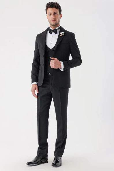 Siyah Desenli Armürlü Kruvaze 6 Drop Slim Fit Smokin Damatlık Takım 1001230214 - 8