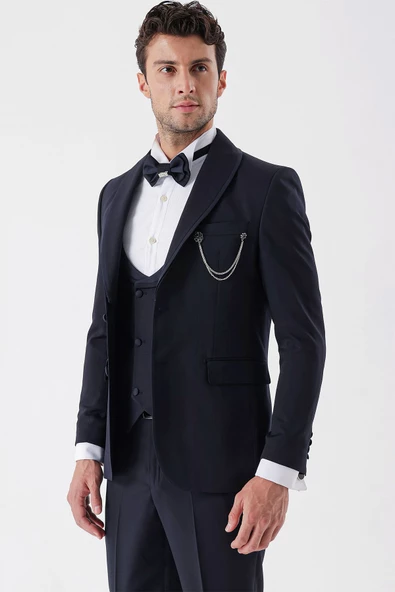 Koyu Lacivert Desenli Armürlü Kruvaze 6 Drop Slim Fit Smokin Damatlık Takım 1001230214 - 2