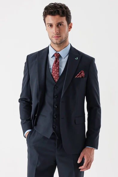 Koyu Lacivert Armürlü Kırlangıç Yaka Yelekli Likralı 6 Drop Slim Fit Takım Elbise 1001235156 - 6