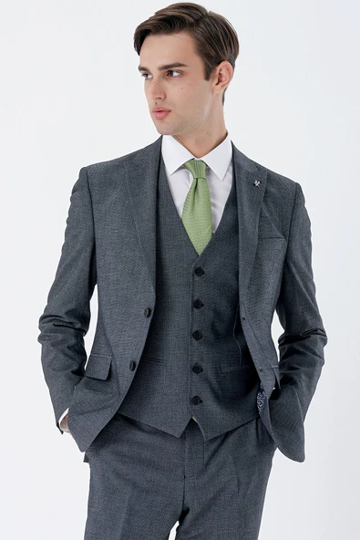 Koyu Lacivert Kırlangıç Yaka Yelekli 6 Drop Slim Fit Klasik Takım Elbise 1001235159 - 5