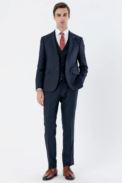 Koyu Lacivert Çizgili Mono Yaka Yelekli 6 Drop Slim Fit Dar Kesim Klasik Takım Elbise 1001235160 - 2