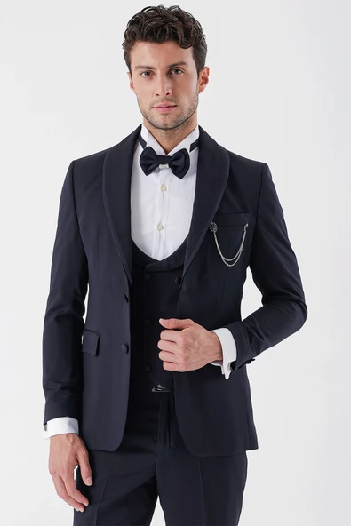 Koyu Lacivert Desenli Armürlü Kruvaze 6 Drop Slim Fit Smokin Damatlık Takım 1001230214