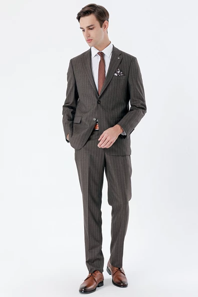 Koyu Kahverengi Çizgili Mono Yaka 6 Drop Comfort Fit Rahat Kesim Klasik Takım Elbise 1001235158 - 4