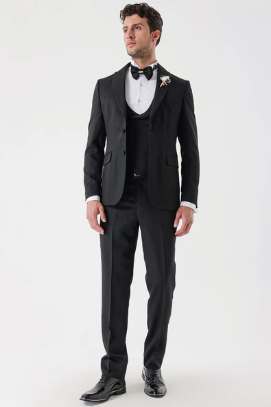 Siyah Desenli Armürlü Kruvaze 6 Drop Slim Fit Smokin Damatlık Takım 1001230214 - 2