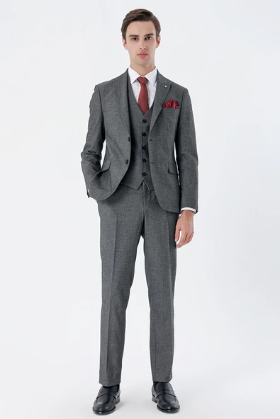 Siyah Desenli Kırlangıç Yaka Yelekli 6 Drop Slim Fit Dar Kesim Klasik Takım Elbise 1001235159 - 2