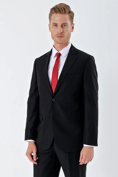 Siyah Gabardin Mono Yaka Astarlı 6 Drop Comfort Fit Rahat Kesim Basic Takım Elbise 1001235010 - Resim 7