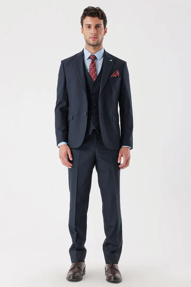 Koyu Lacivert Armürlü Kırlangıç Yaka Yelekli Likralı 6 Drop Slim Fit Takım Elbise 1001235156 - 4
