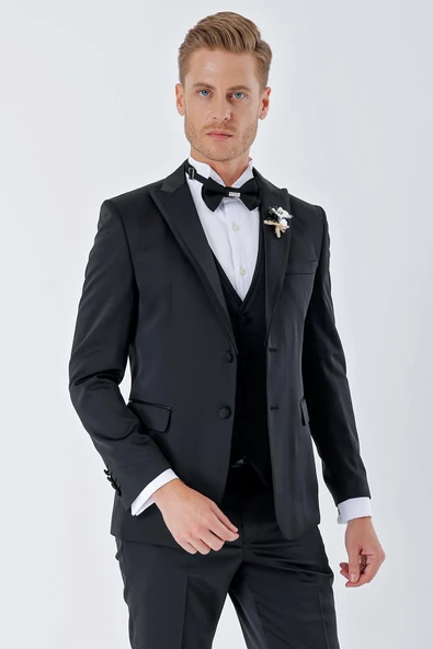Siyah Desenli Armürlü Çıkarılabilir Kırlangıç Yaka 6 Drop Slim Fit Smokin Damatlık Takım 1001230213 - Resim 5