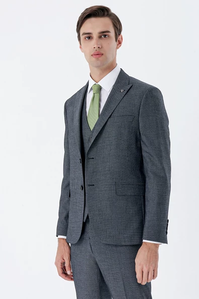 Koyu Lacivert Kırlangıç Yaka Yelekli 6 Drop Slim Fit Klasik Takım Elbise 1001235159