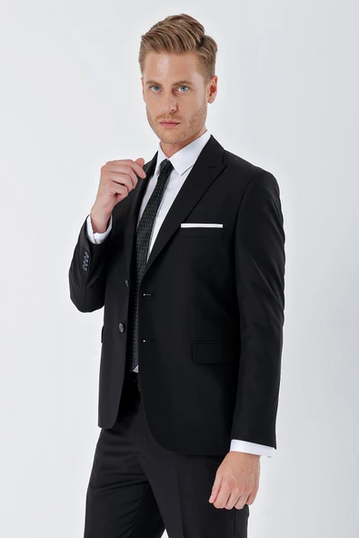 Siyah Gabardin Kırlangıç Yaka Astarlı 6 Drop Slim Fit Dar Kesim Basic Takım Elbise 1001235011 - 3