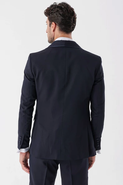 Koyu Lacivert Desenli Armürlü Kruvaze 6 Drop Slim Fit Smokin Damatlık Takım 1001230214 - 7