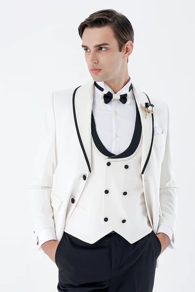 Beyaz Desenli Armürlü Kruvaze 6 Drop Slim Fit Smokin Damatlık Takım 1001230214 - 3
