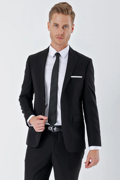 Siyah Gabardin Kırlangıç Yaka Astarlı 6 Drop Slim Fit Dar Kesim Basic Takım Elbise 1001235011 - 2