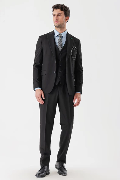 Siyah Desenli Armürlü Kırlangıç Yaka Yelekli Likralı 6 Drop Slim Fit Takım Elbise 1001235154 - 5