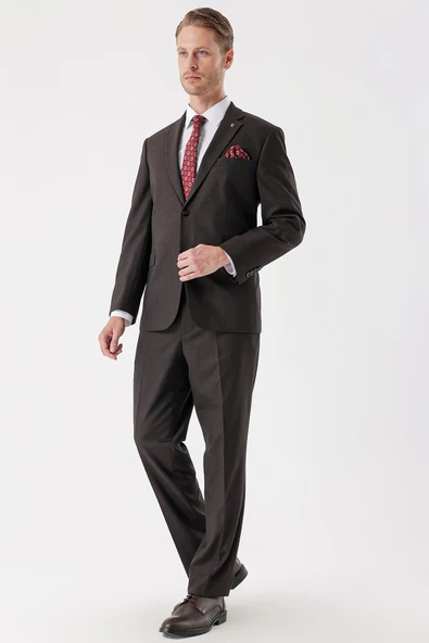 Koyu Kahverengi Armürlü Mono Yaka 4 Drop Comfort Fit Rahat Kesim Klasik Takım Elbise 1001235150 - 4
