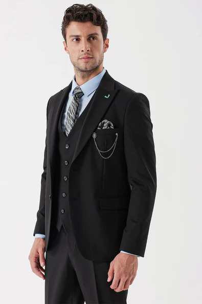 Siyah Desenli Armürlü Kırlangıç Yaka Yelekli Likralı 6 Drop Slim Fit Takım Elbise 1001235154 - 2