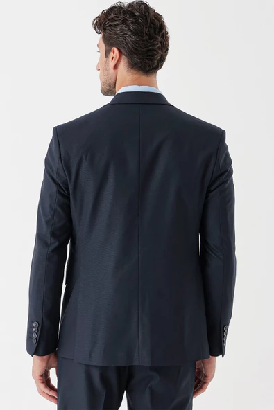 Koyu Lacivert Armürlü Kırlangıç Yaka Yelekli Likralı 6 Drop Slim Fit Takım Elbise 1001235156 - 8