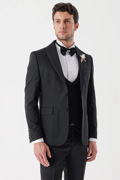 Siyah Desenli Armürlü Kruvaze 6 Drop Slim Fit Smokin Damatlık Takım 1001230214 - 3