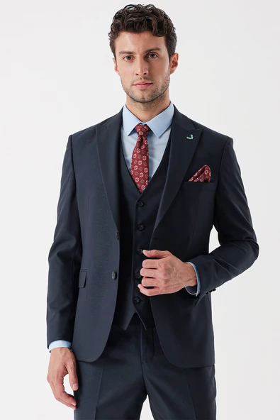 Koyu Lacivert Armürlü Kırlangıç Yaka Yelekli Likralı 6 Drop Slim Fit Takım Elbise 1001235156 - 3