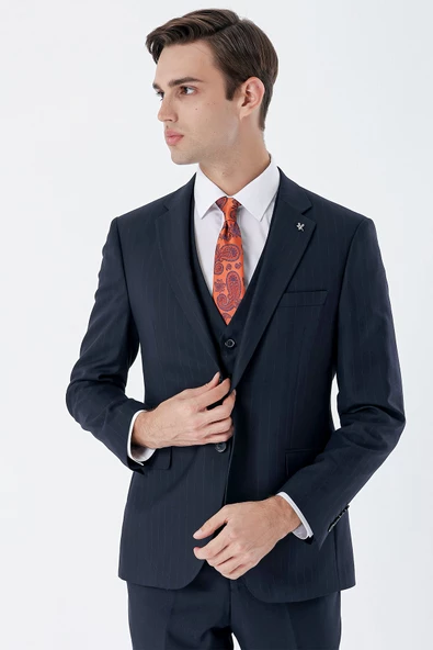 Koyu Lacivert Çizgili Mono Yaka Yelekli 6 Drop Slim Fit Dar Kesim Klasik Takım Elbise 1001235160 - 7