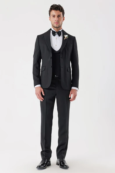 Siyah Desenli Armürlü Kruvaze 6 Drop Slim Fit Smokin Damatlık Takım 1001230214 - 7