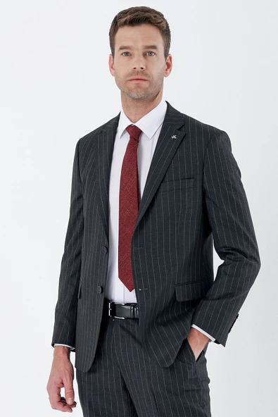 Siyah Çizgili Mono Yaka 6 Drop Comfort Fit Rahat Kesim Klasik Takım Elbise 1001235158