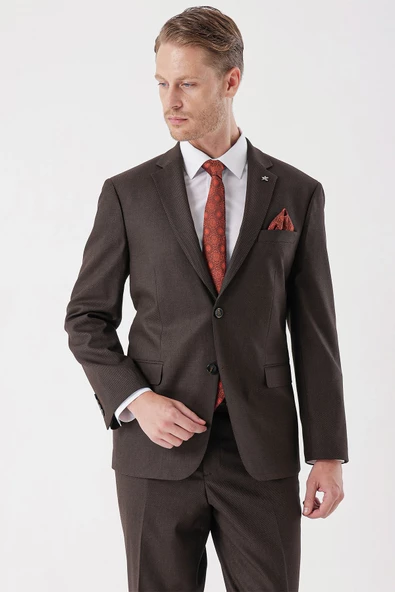 Kahverengi Desenli Armürlü Mono Yaka 4 Drop Comfort Fit Rahat Kesim Klasik Takım Elbise 1001235150 - 5
