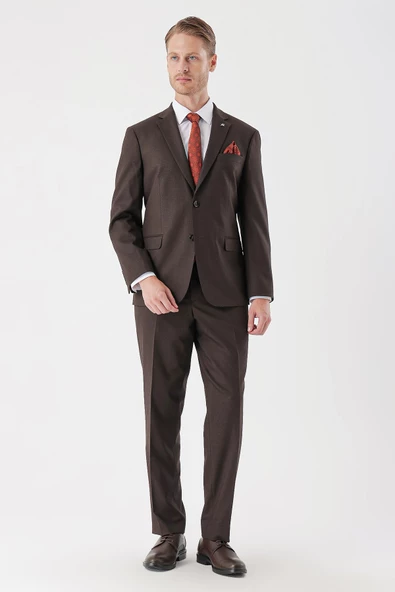 Kahverengi Desenli Armürlü Mono Yaka 4 Drop Comfort Fit Rahat Kesim Klasik Takım Elbise 1001235150 - 6