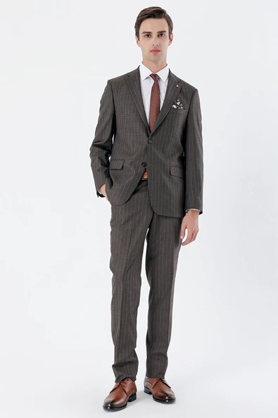 Koyu Kahverengi Çizgili Mono Yaka 6 Drop Comfort Fit Rahat Kesim Klasik Takım Elbise 1001235158 - 3