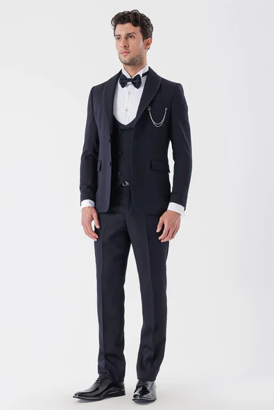 Koyu Lacivert Desenli Armürlü Kruvaze 6 Drop Slim Fit Smokin Damatlık Takım 1001230214 - 5