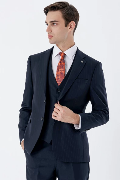 Koyu Lacivert Çizgili Mono Yaka Yelekli 6 Drop Slim Fit Dar Kesim Klasik Takım Elbise 1001235160 - 5