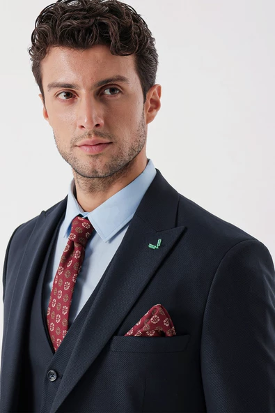 Koyu Lacivert Armürlü Kırlangıç Yaka Yelekli Likralı 6 Drop Slim Fit Takım Elbise 1001235156 - 7