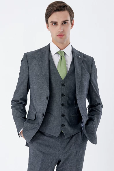 Koyu Lacivert Kırlangıç Yaka Yelekli 6 Drop Slim Fit Klasik Takım Elbise 1001235159 - 3