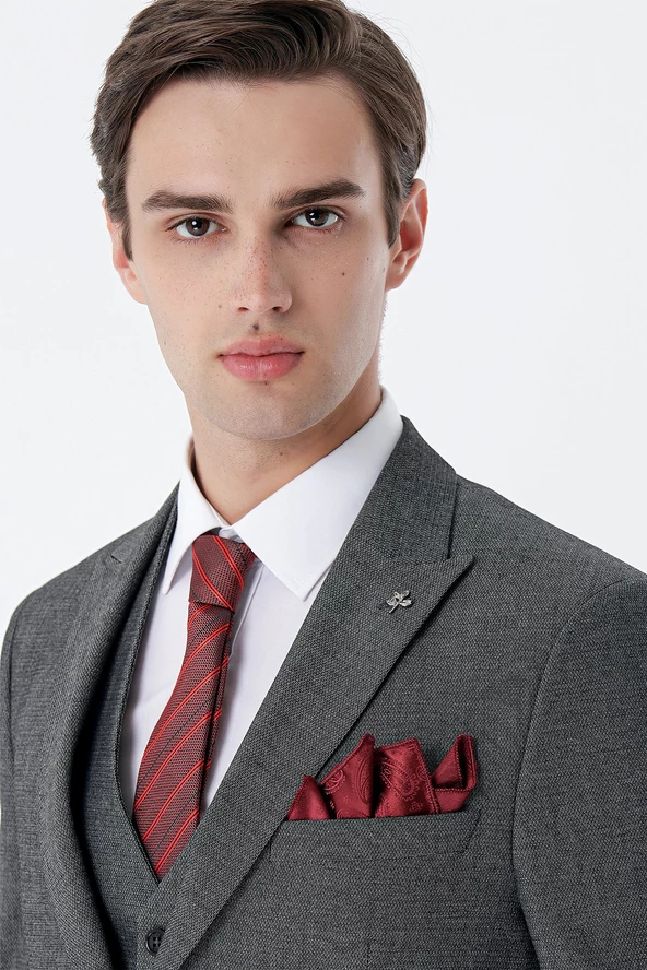 Siyah Desenli Kırlangıç Yaka Yelekli 6 Drop Slim Fit Dar Kesim Klasik Takım Elbise 1001235159 - 6