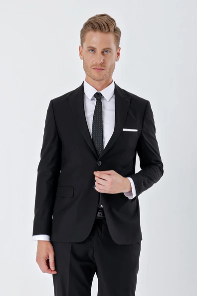 Siyah Gabardin Kırlangıç Yaka Astarlı 6 Drop Slim Fit Dar Kesim Basic Takım Elbise 1001235011