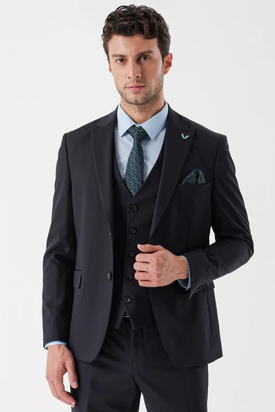 Koyu Lacivert Armürlü Kırlangıç Yaka Yelekli Likralı 6 Drop Slim Fit Takım Elbise 1001235154 - 3