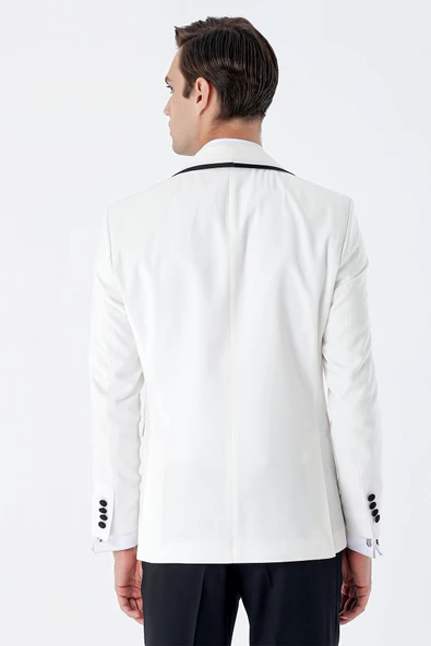Beyaz Desenli Armürlü Kruvaze 6 Drop Slim Fit Smokin Damatlık Takım 1001230214 - 8