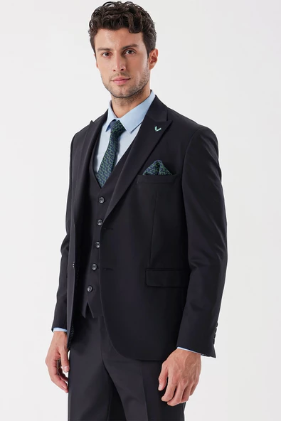 Koyu Lacivert Armürlü Kırlangıç Yaka Yelekli Likralı 6 Drop Slim Fit Takım Elbise 1001235154