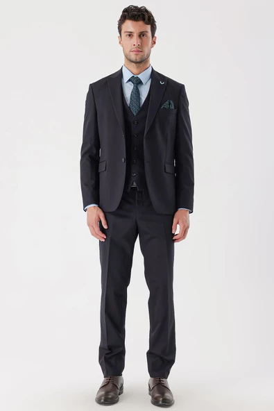 Koyu Lacivert Armürlü Kırlangıç Yaka Yelekli Likralı 6 Drop Slim Fit Takım Elbise 1001235154 - 4