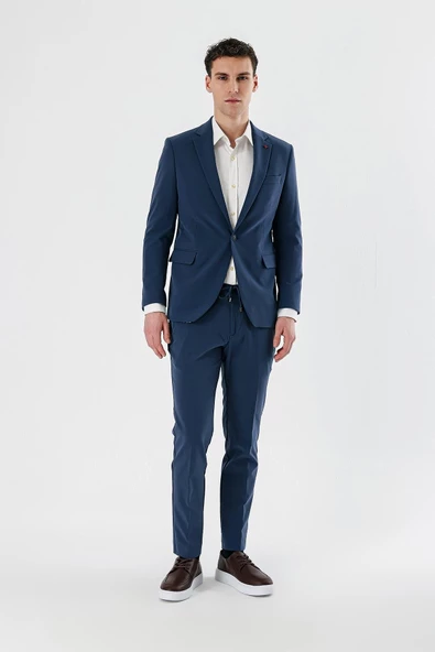 İndigo Mavi Mono Yaka Çift Yırtmaç Likralı 6 Drop Slim Fit Dar Kesim Klasik Takım Elbise 1001240164 - 4