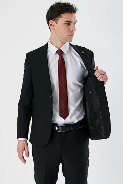 Siyah Kırlangıç Yaka Yünlü Likralı 6 Drop Slim Fit Dar Kesim Klasik Takım Elbise 1001240158 - 3