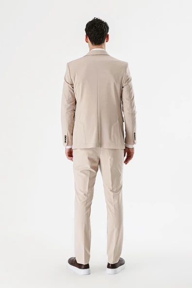 Açık Bej Mono Yaka Çift Yırtmaç Likralı 6 Drop Slim Fit Dar Kesim Klasik Takım Elbise 1001240164 - 6