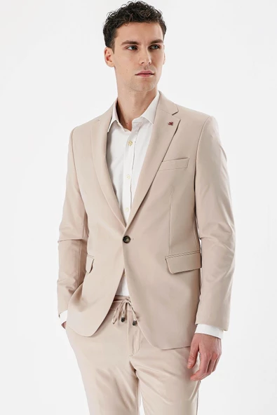 Açık Bej Mono Yaka Çift Yırtmaç Likralı 6 Drop Slim Fit Dar Kesim Klasik Takım Elbise 1001240164 - 3